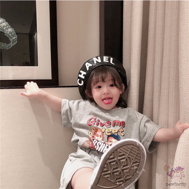 Set Áo Thun Tay Ngắn &amp; Quần Short Cotton In Hoạt Hình Phong Cách Hàn Quốc Cho Bé Gái