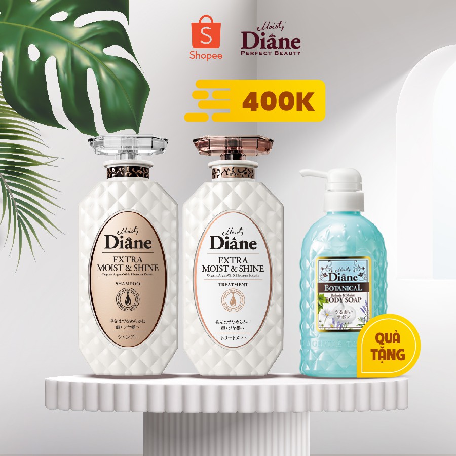 Bộ 3 Gội Xả Phục Hồi Tóc Sáng Bóng Dành Cho Tóc Nhuộm -Moist Diane Extra Shine 450mlx2+ Sữa tắm Moist Diane