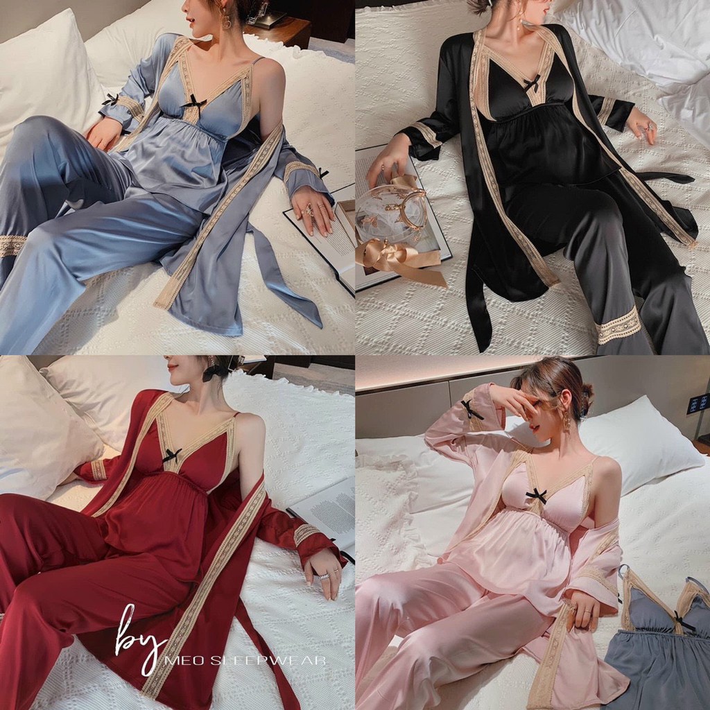 Bộ pyzama silk satin 3 món Lại đem đến cho chị em những set đồ ngủ vừa sexy quyến rũ, lại vừa kín đáo lịch sự trong khôn