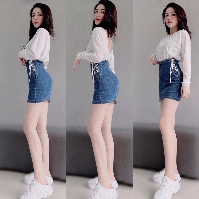 Chân váy jean ôm dây rút eo chất jean co giãn tôn dáng