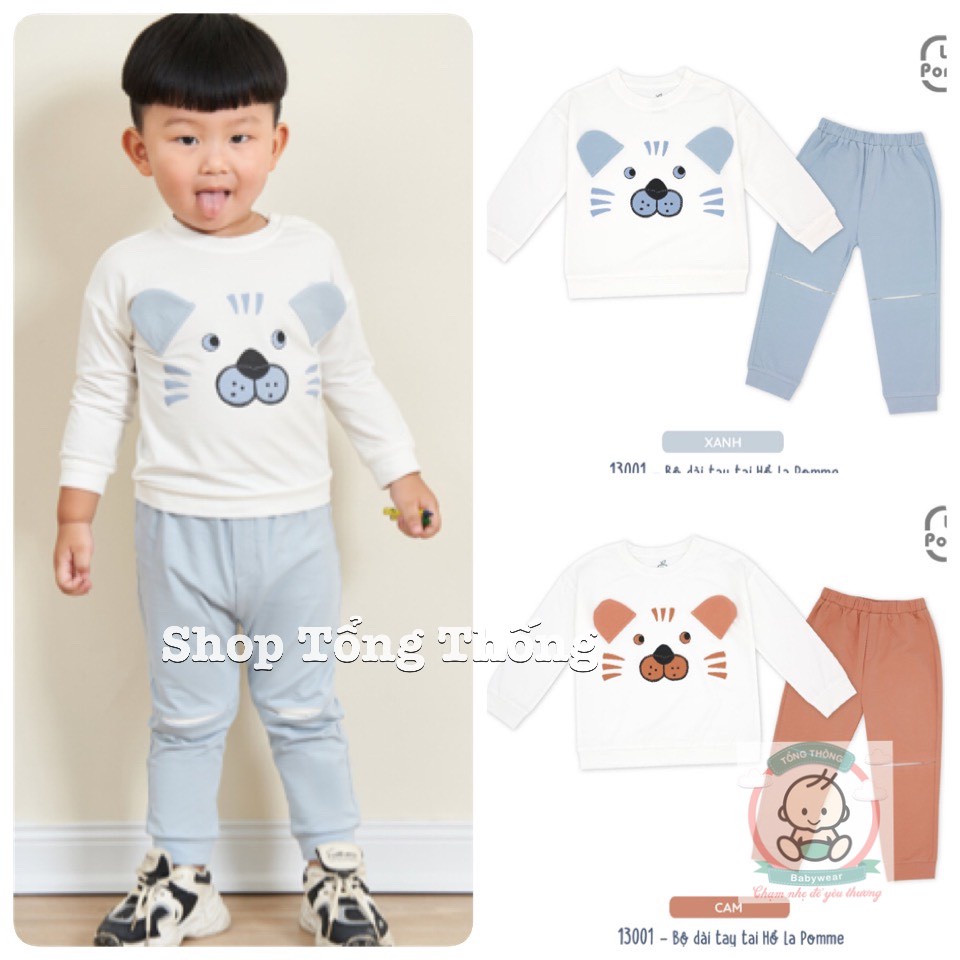 Bộ dài tay La Pomme Cotton cao cấp mềm mịn thoáng mát thấm hút tốt in hổ tai nổi cho bé trai bé gái đủ size 13001