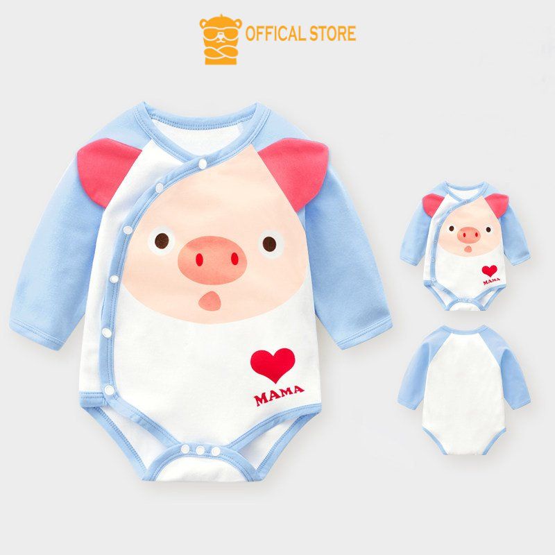 Bodysuit dài tay sơ sinh Lotuka hình thú dễ thương, bộ liền thân hè thu cúc chéo cho bé từ 3-12kg