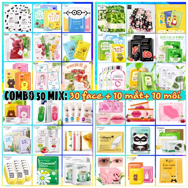 [FREESHIP SG] Combo 50 mặt nạ Mặt + mask mắt + mask môi dưỡng ẩm da trắng mịn hoa quả Nội Địa Trung