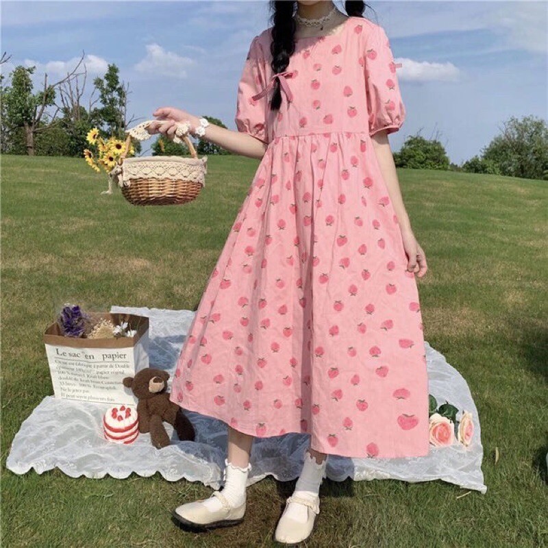 VÁY BABY DOLL TAY PHỒNG, HOẠ TIẾT HỒNG DÂU | BigBuy360 - bigbuy360.vn