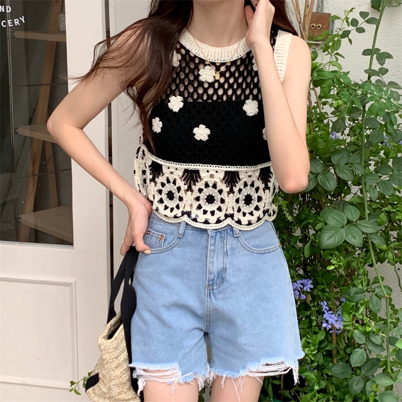 Áo Tank Top Dệt Kim Sát Nách Dáng Ngắn Phối Lỗ Lưới Thời Trang Cho Nữ