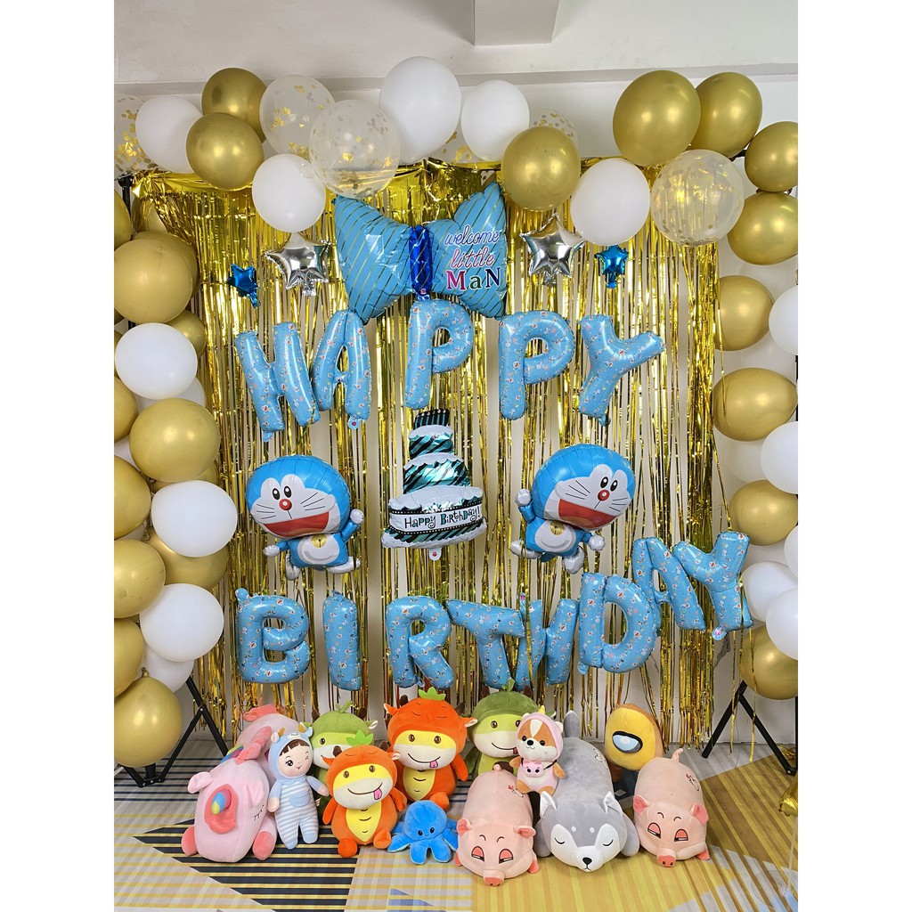 Set bóng trang trí sinh nhật cho bé trai bé gái 2 rèm kim tuyến bóng chữ Happy birthday+ tháng và 50 bóng tròn