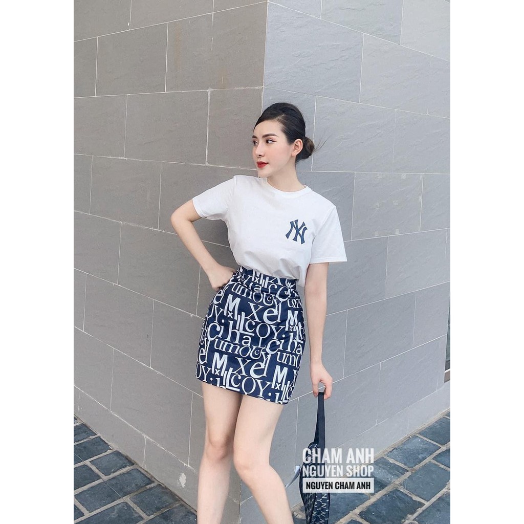 Set Áo Phông Chữ Mix Chân Váy Bò Cá Tính Có Ảnh Thật