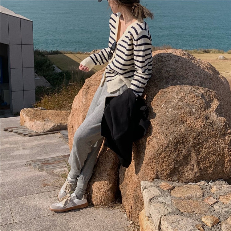 Áo khoác cardigan dệt kim mỏng dáng rộng kẻ sọc phong cách Hàn Quốc tùy chọn màu sắc xinh xắn cho nữ