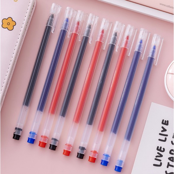 Bút bi, viết nước màu mực xanh, đỏ dùng để chép bài, ghi bài