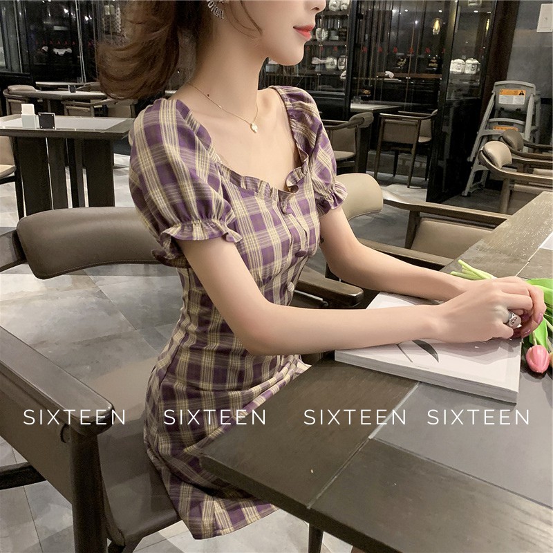 Váy Nữ, Đầm Nữ, Váy Kẻ Caro Dáng Ngắn Tay Bồng Ullzang SIXTEEN. | BigBuy360 - bigbuy360.vn