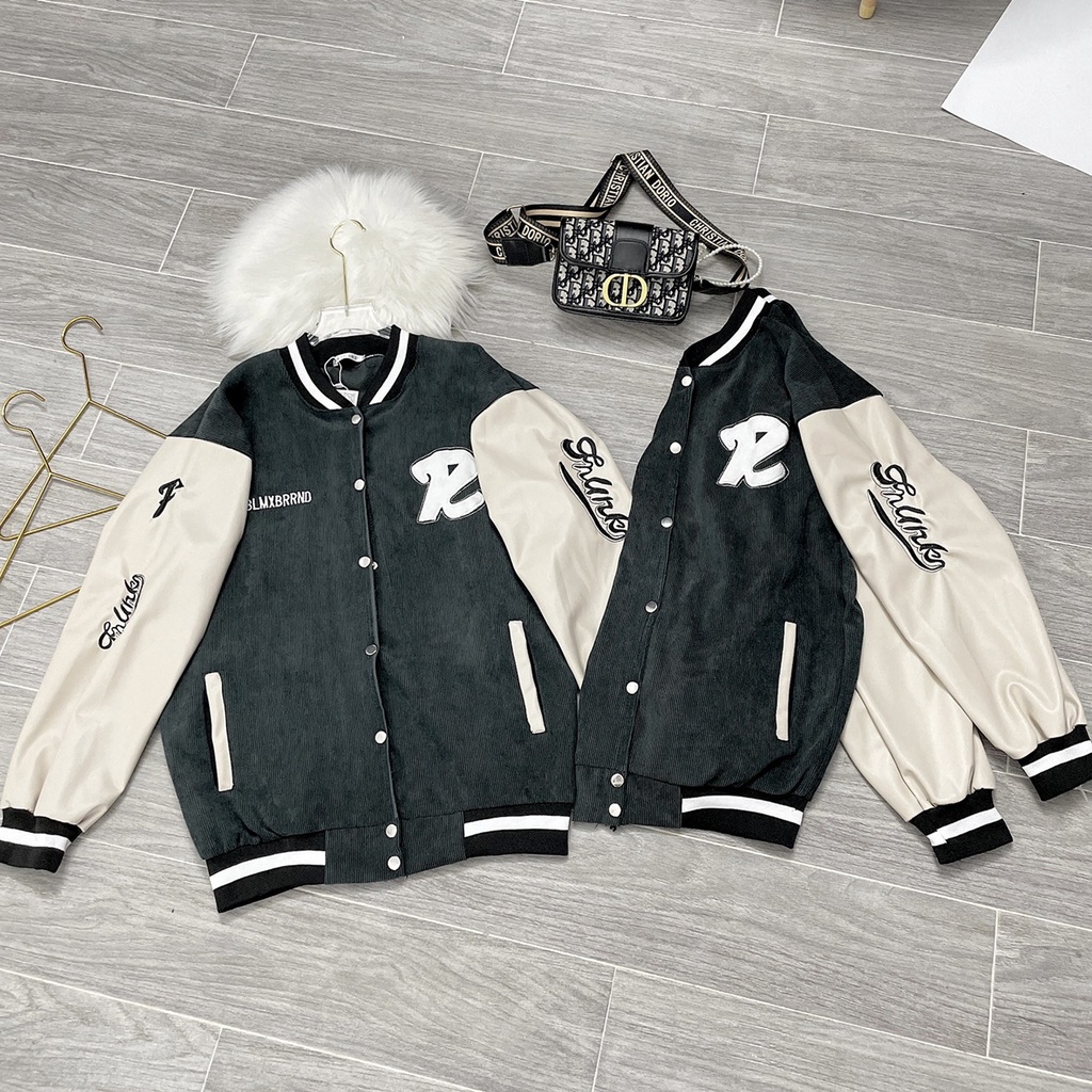 Áo khoác bomber phom rộng nam nữ phối tay trắng họa tiết chữ R - kameco