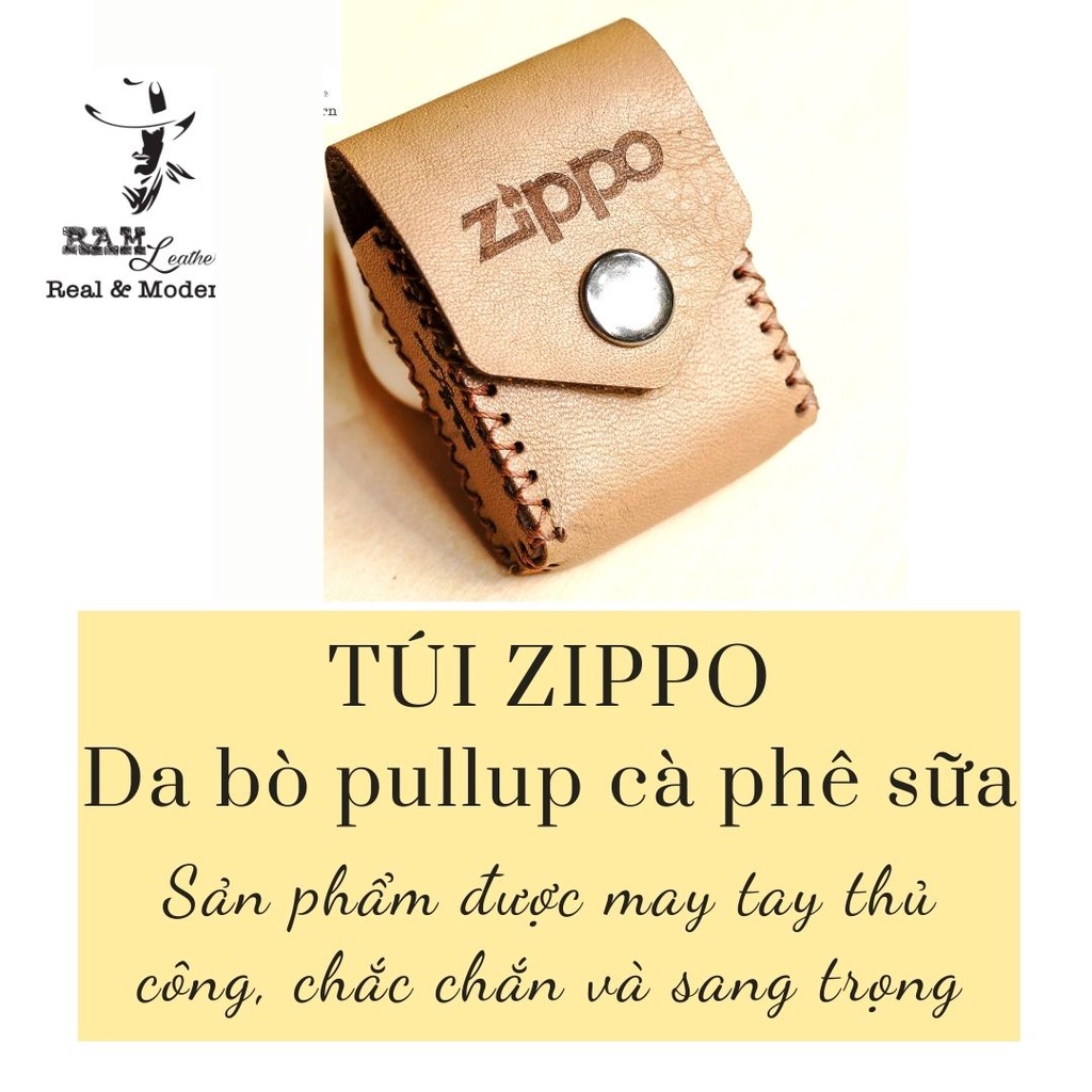Bao Zippo da bò thật màu cà phê sữa - Chính hãng RAM Leather