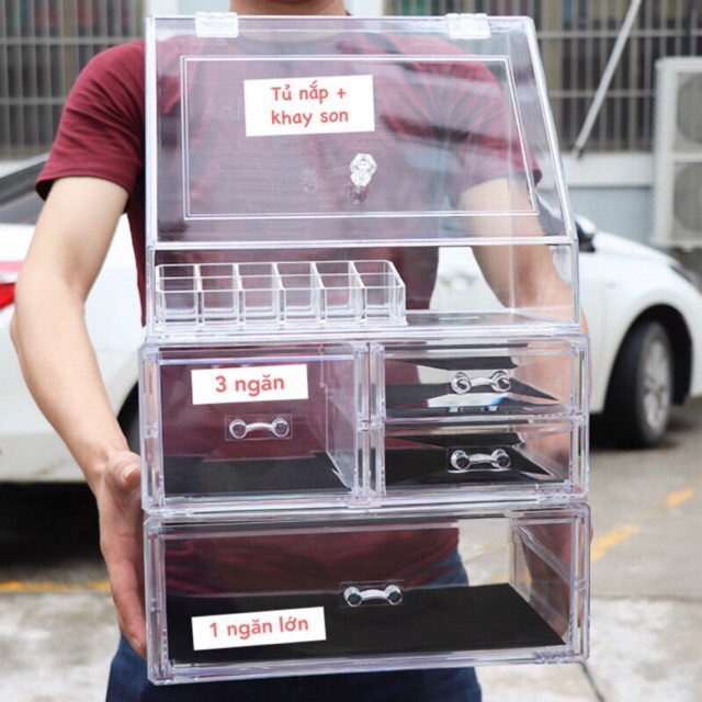 Tủ đựng mỹ phẩm hình thang có nắp + ngăn kéo