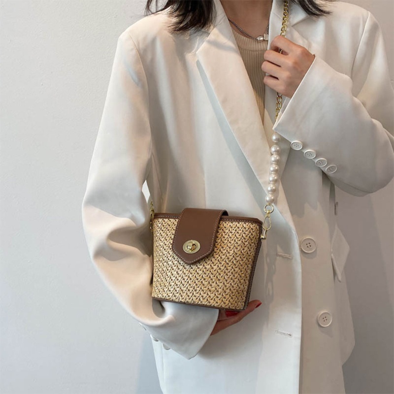 Túi Xách Đeo Chéo Giả Rơm Và Da Phối Dây Xích Thời Trang Dành Cho Nữ