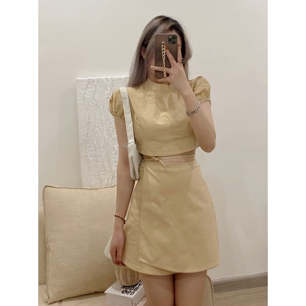Sét áo croptop kèm chân váy 2 hàng thiết kế chuẩn L1 / Sét váy nữ Cuastore.vn