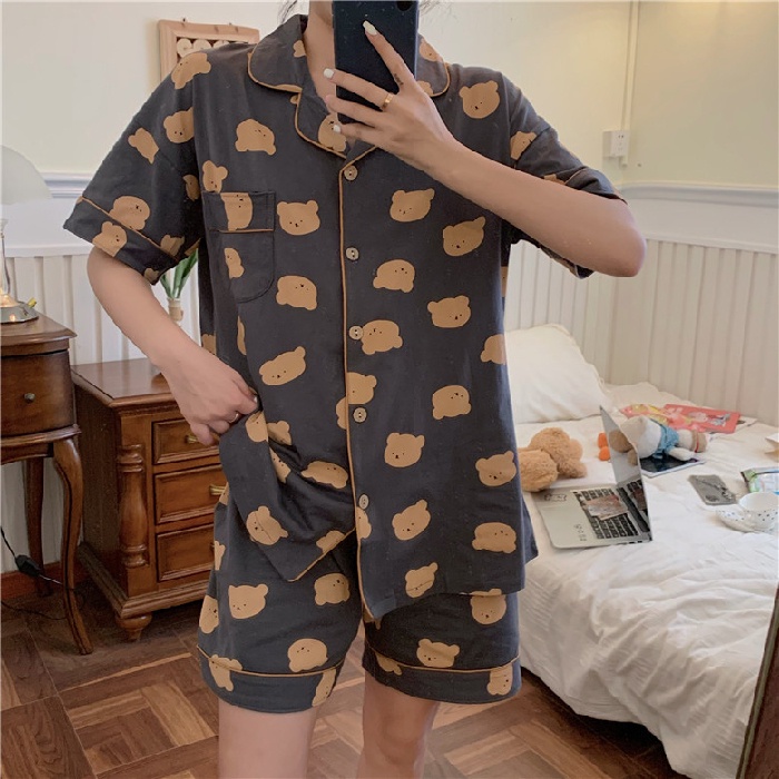 Bộ Đồ Ngủ Cotton Tay Ngắn In Họa Tiết Hoạt Hình / Kẻ Ô Dành Cho Nữ
