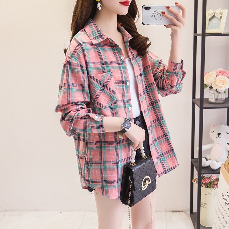 Áo khoác sơ mi cotton tay dài dáng rộng kẻ sọc caro phong cách Hàn Quốc thời trang mùa thu mới cho nữ 2022