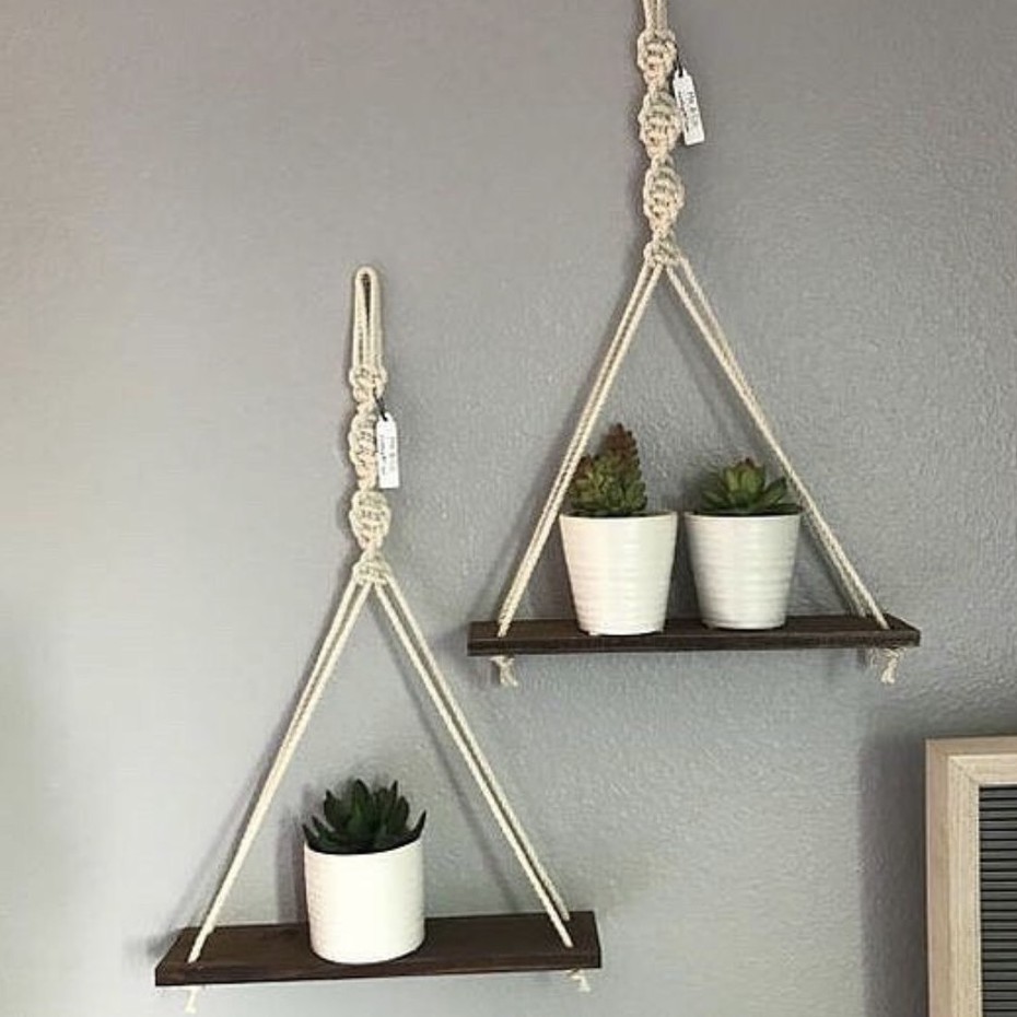 Kệ treo tường màu gỗ retro tết macrame