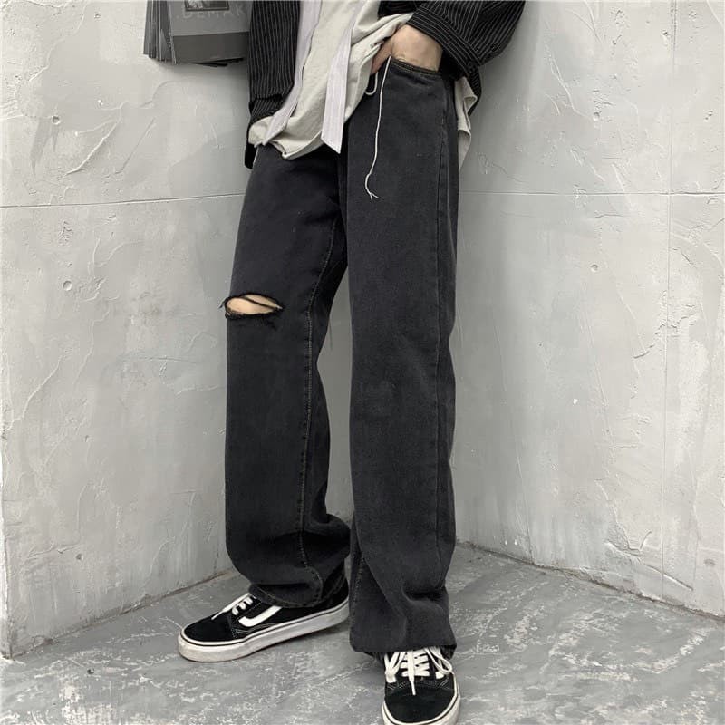 (HÀNG SẴN) Quần Jeans Nam - Quần Baggy ống rộng sắn gấu Ulzzang Hàn Quốc cá tính(xám cg 1bên)