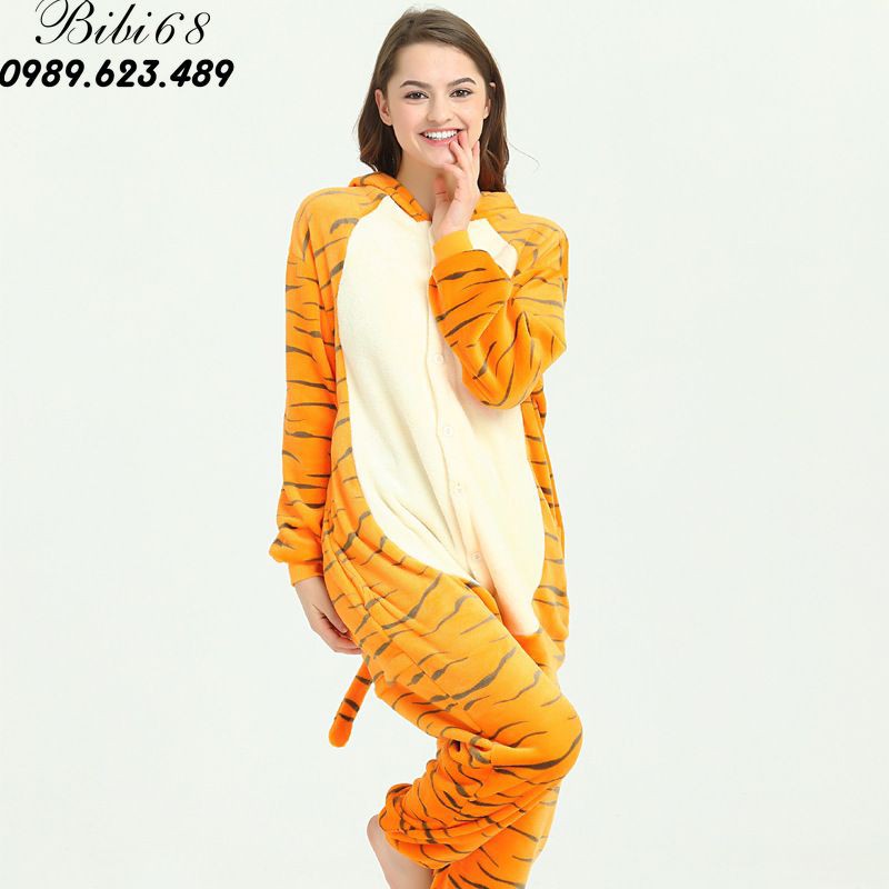 Bộ Đồ ngủ hình thú hổ vằn liền thân lông mịn Pijama dành Cho Người Lớn và Trẻ Em kiểu dáng Động Vật Hoạt Hình Cosplay