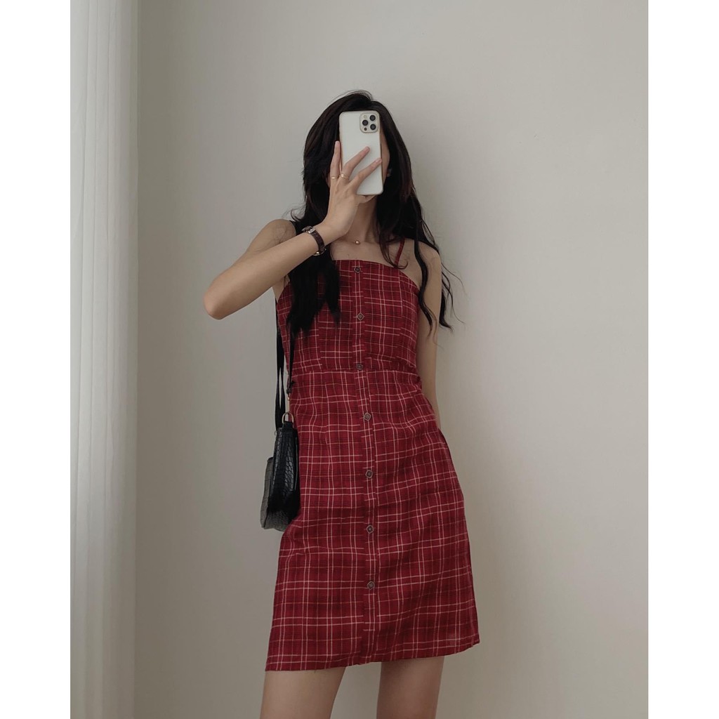 [CÓ VIDEO & HÌNH THẬT]Váy Hai Dây Kẻ Ô Quảng Châu Ulzzang Hàn Quốc Cực Xinh Giá Rẻ- Hàng sẵn- Váy kẻ đỏ hở lưng