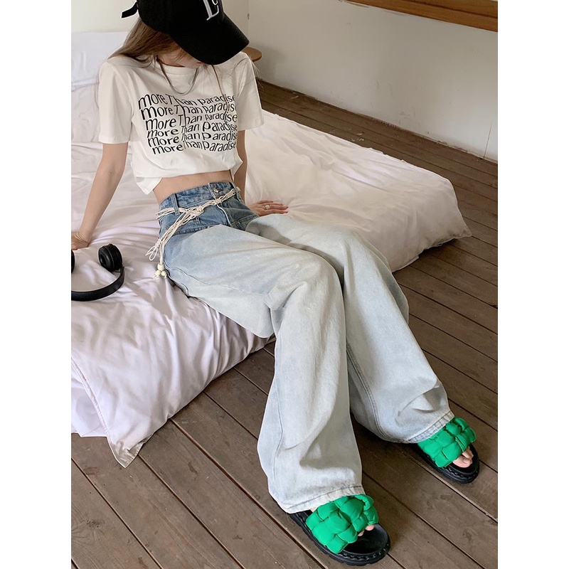 Pphome Quần Denim Ống Rộng Lưng Cao Màu Gradient Thời Trang Mùa Hè Dễ Phối Đồ