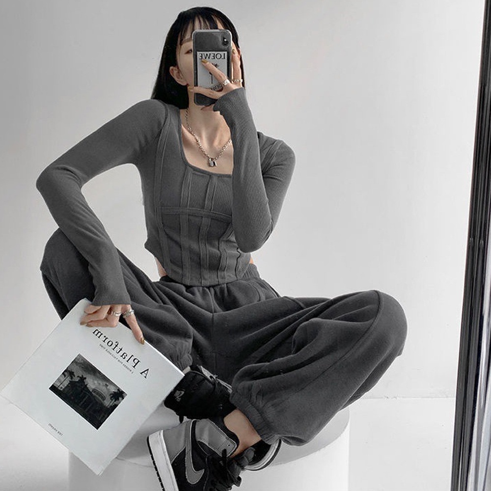 Áo Thun Tay Dài Cổ Vuông Dáng Ôm Thời Trang Quyến Rũ Cho Nữ