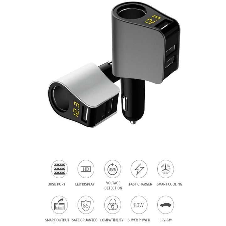 Tẩu Sạc Nhanh Ô Tô - Tẩu Huyndai Chia 1 Đầu Tròn Có Đèn Led Báo Điện