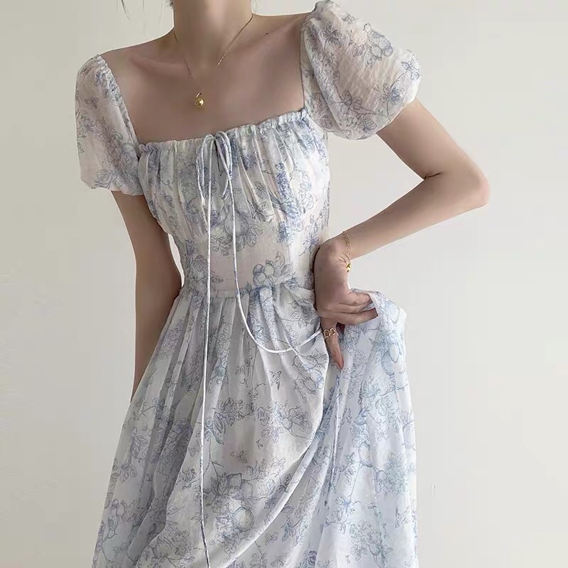 Đầm hoa maxi Hepburn kiểu Pháp trà chiều ngọt ngào dáng xoè cổ vuông tay bo thắt nơ