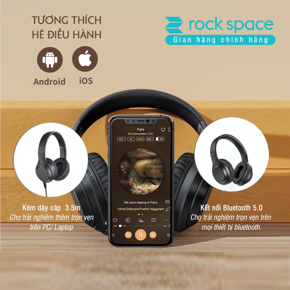 Headphone Tai nghe bluetooth chụp tai Rockspace O2 có micro nghe nhạc liên tục 15h hàng chính hãng Bảo Hành 1 năm