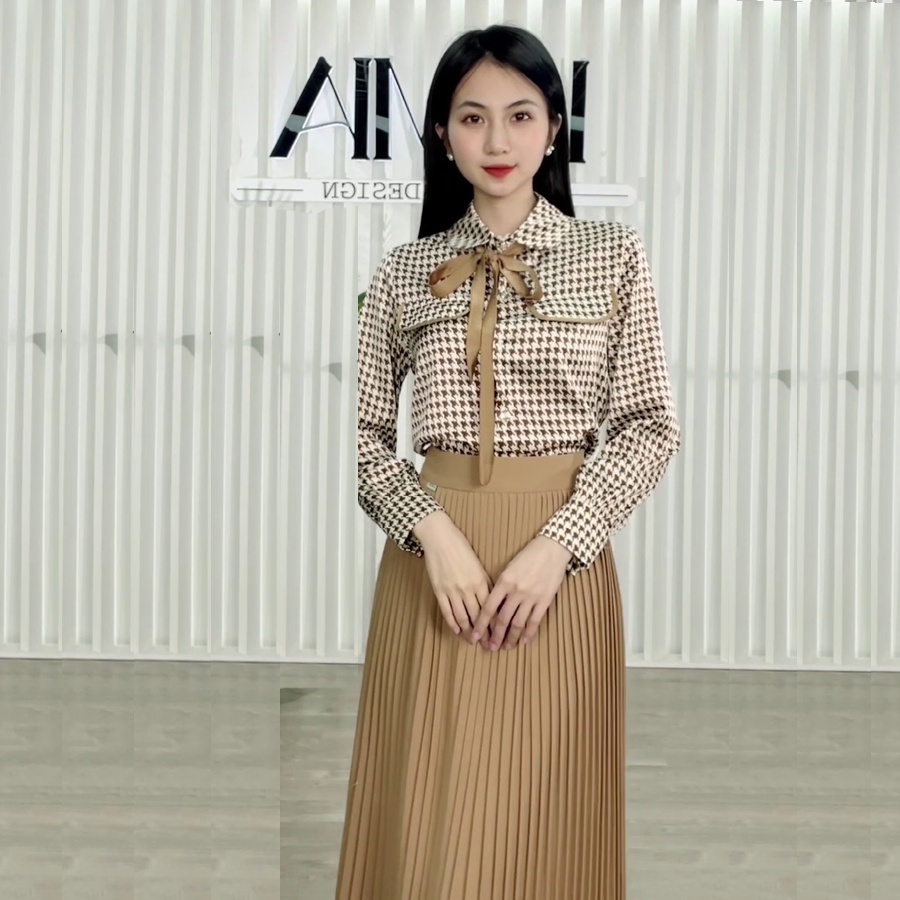 Áo sơ mi nữ màu nâu tây thắt nơ tròn SM257 Lamia Design