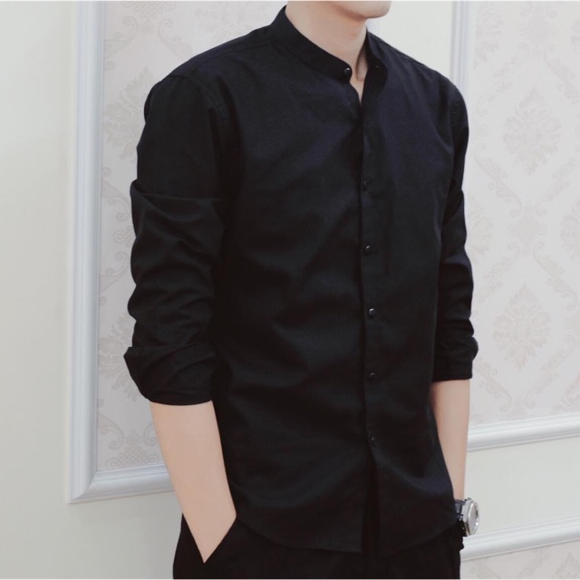 Áo sơ mi đen cổ tàu
