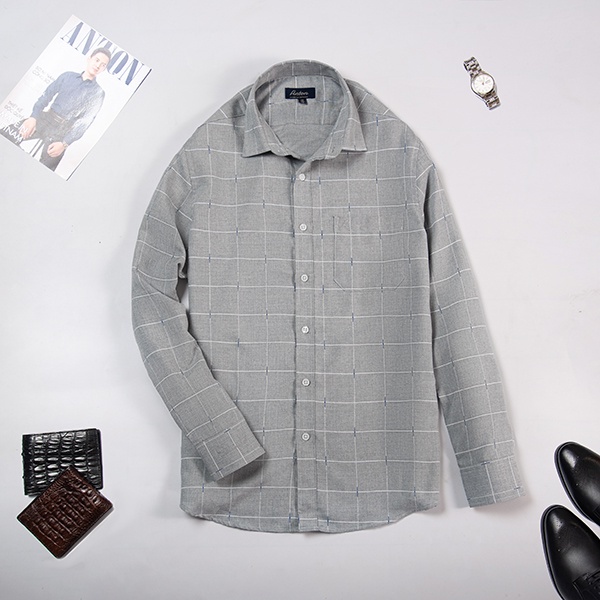 Áo Sơ Mi Nam Công Sở Trung Niên Thương Hiệu Anton Xám Trắng Dài Tay Vải Sợi Tre Họa Tiết Kẻ Caro In Chìm – X8551