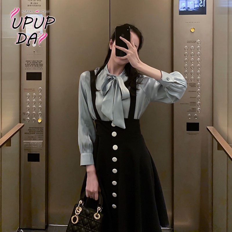 Set Áo Sơ Mi Tay Phồng + Chân Váy Yếm Lưng Cao Phong Cách Hàn Quốc Thời Trang Cho Nữ
