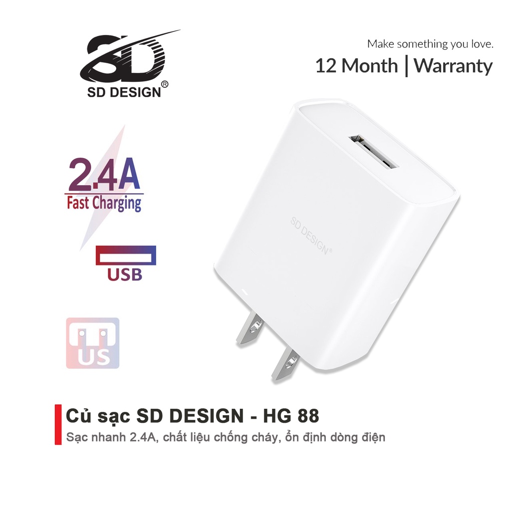 Củ sạc HG 88 chính hãng SD DESIGN hỗ trợ sạc nhanh cho điện thoại IPhone Pin Dự Phòng Cáp Sạc Tai nghe Bluetooth