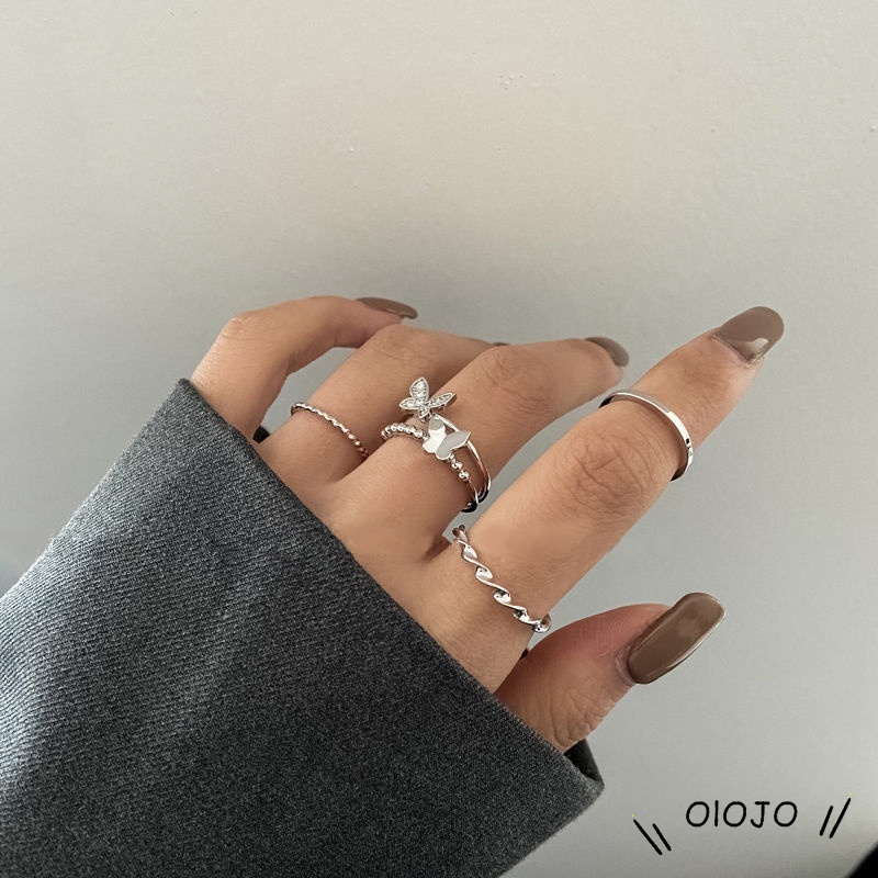 Bộ 4 nhẫn hợp kim một lớp và hai lớp trang trí bươm bướm phong cách Hàn Quốc thời trang cho nữ