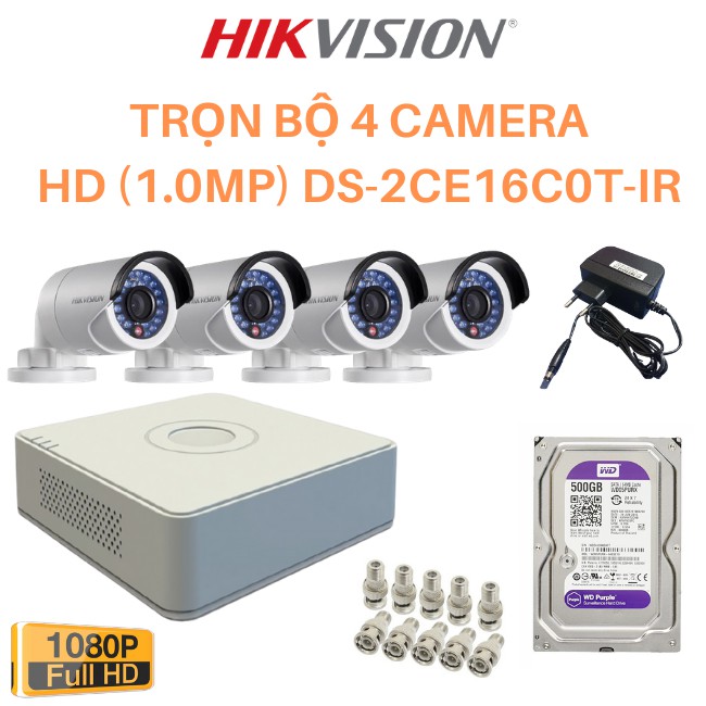 Trọn bộ 1 đầu ghi hình 4 kênh +4 camera 1M DS_2CE16C0T-IR + 1 ổ cứng 500GB+ 4 nguồn 12v1A DVE ,8 Rắc BNC