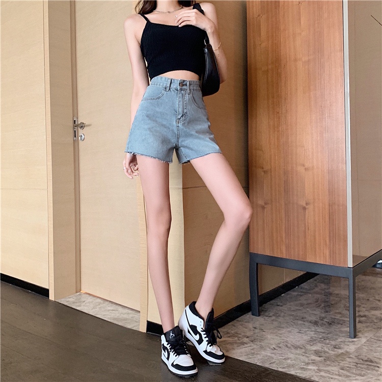 Quần Short Denim Lưng Cao Ống Rộng Theo Phong Cách Retro Hàn Quốc