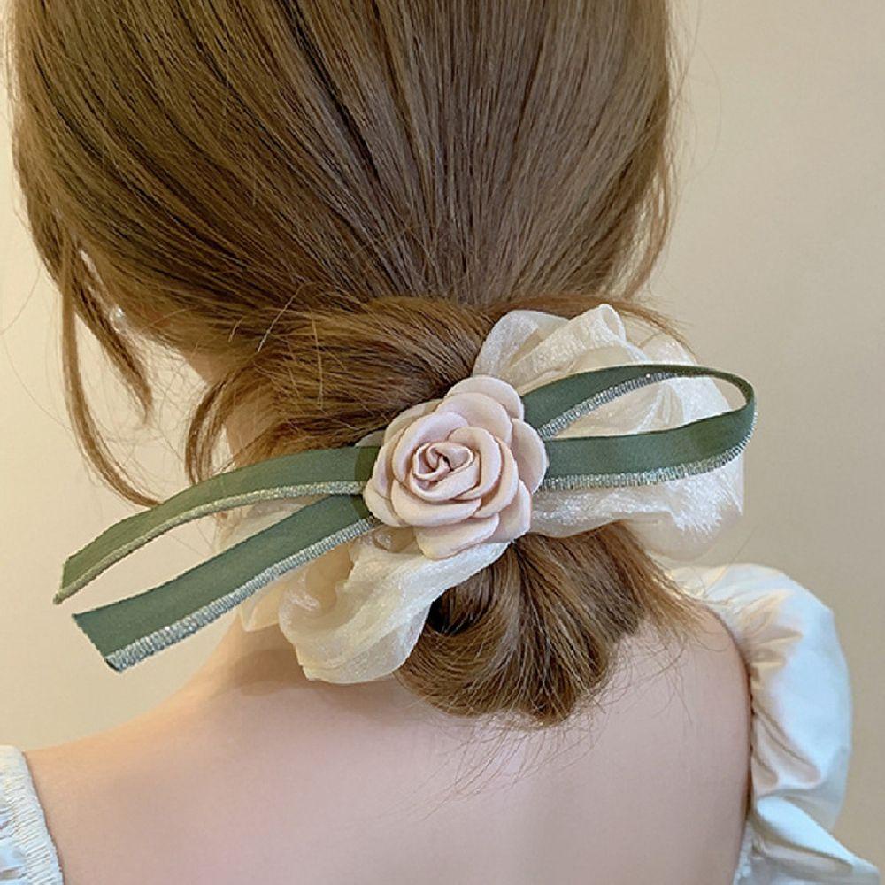 Dây Cột Tóc Vải Lụa Màu Xanh Lá In Họa Tiết Hoa Xinh Xắn Thời Trang Cho Nữ