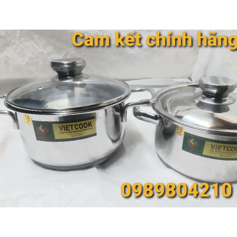 Nồi inox đun bếp từ size 18,nồi 1 đáy 3 đáy nắp kính nắp inox,Nồi inox bếp từ size 18 Vietcook.CAM KẾT CHÍNH HÃNG