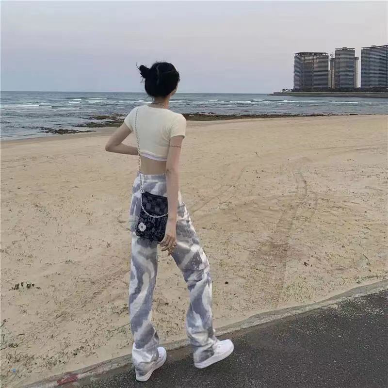 Jiashucheng Hàng Có Sẵn Quần Jean Dáng Suông Rộng Màu Nhuộm Phong Cách Bốn Mùa Cho Nữ Giới Có Size Lớn