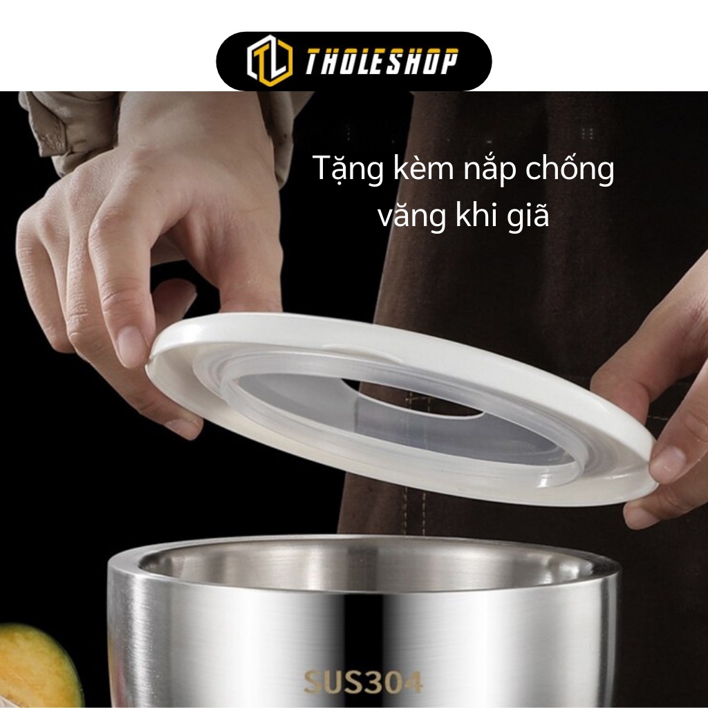 Bộ Cối Chày Inox 304 Không Gỉ Tặng Thìa Inox Và Nắp Chống Văng Dạng Trống Size 10cm 1016