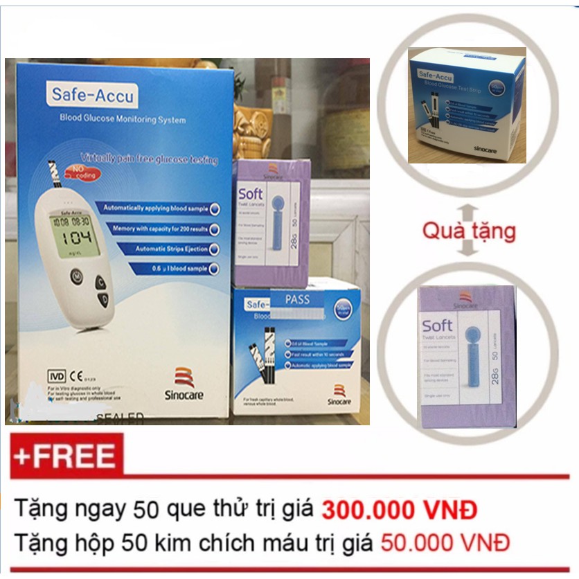 Máy đo đường huyết Safe Accu - Sinocare Đức (Tặng kèm 50 que thử và 50 kim)