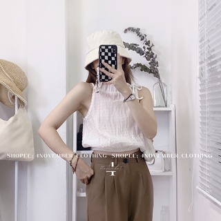 Áo croptop thô xốp bo chun cổ yếm rút dây trơn 4 màu ngọt ngào