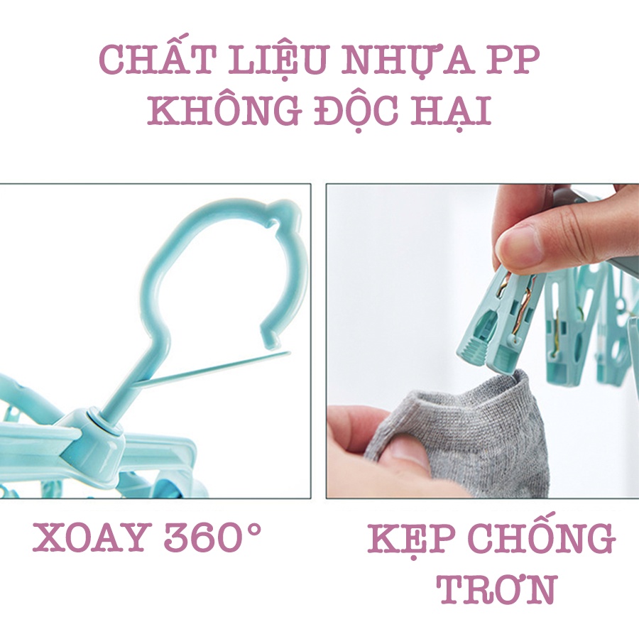 Móc Phơi Tất Vớ Tã Lót, Phơi Quần Áo 32 Kẹp Gấp Gọn Xoay 360 Độ Chống Gió Cao Cấp G011