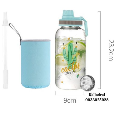 Bình Nước❤️FREESHIP❤️Thủy Tinh 1000ml Thể Thao Có Ống Hút