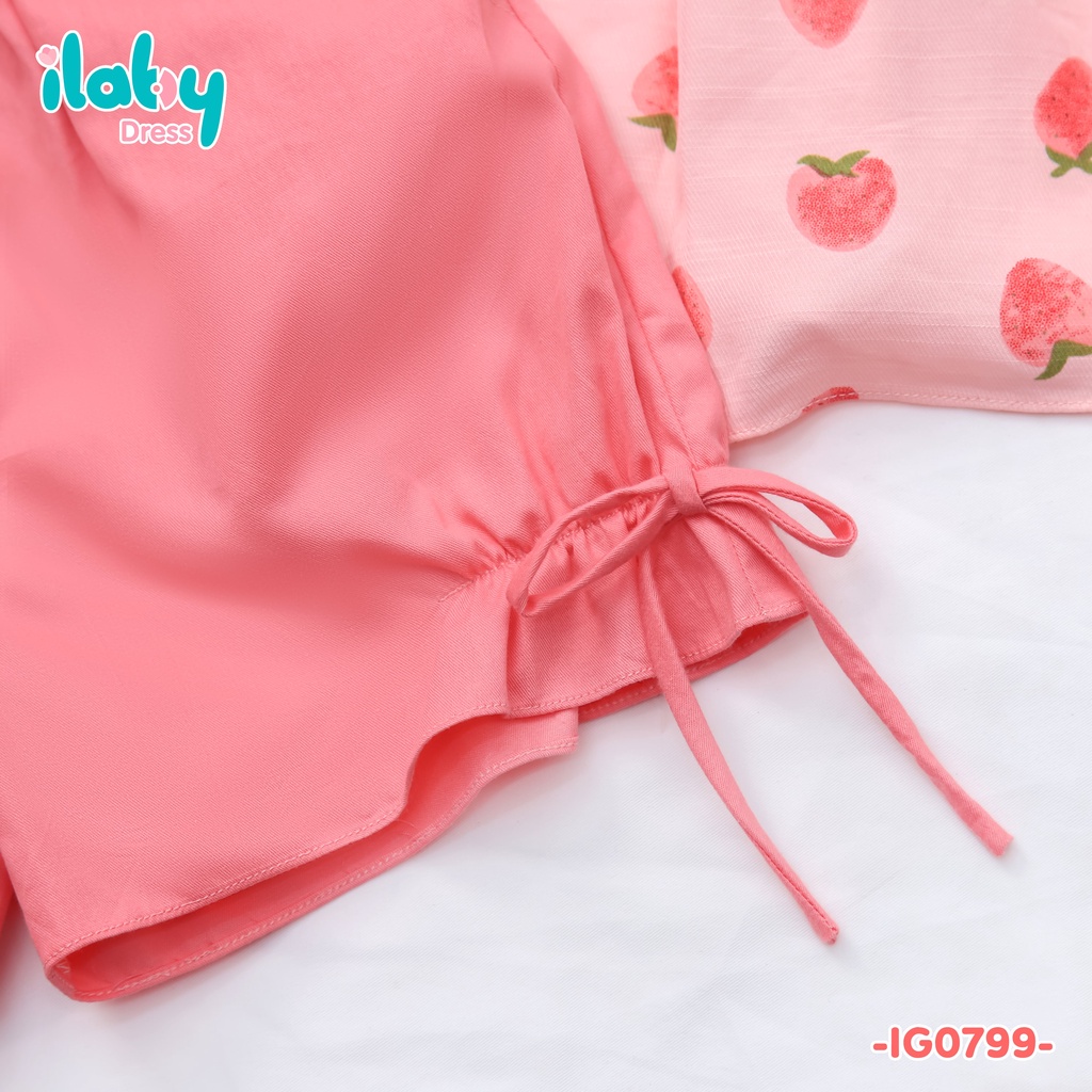 Đồ bộ bé gái ILABY nhún ngực quả dâu chất liệu đũi trơn thoáng mát