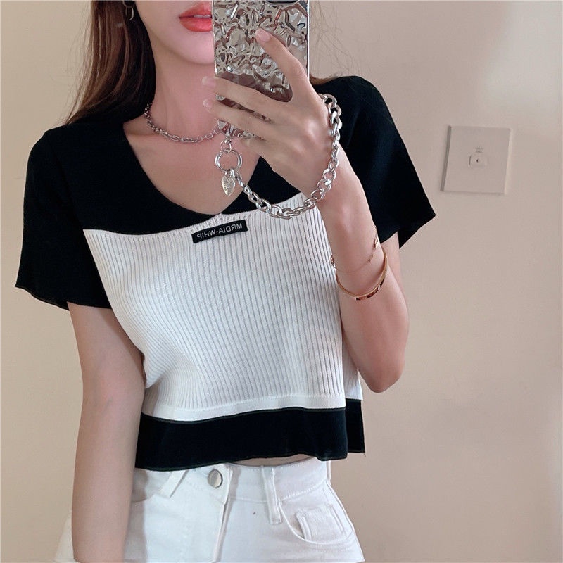 IELGY   Áo Thun Dệt Kim Tay Ngắn Cổ Chữ v Màu Sắc Tương Phản Dành Cho Nữ