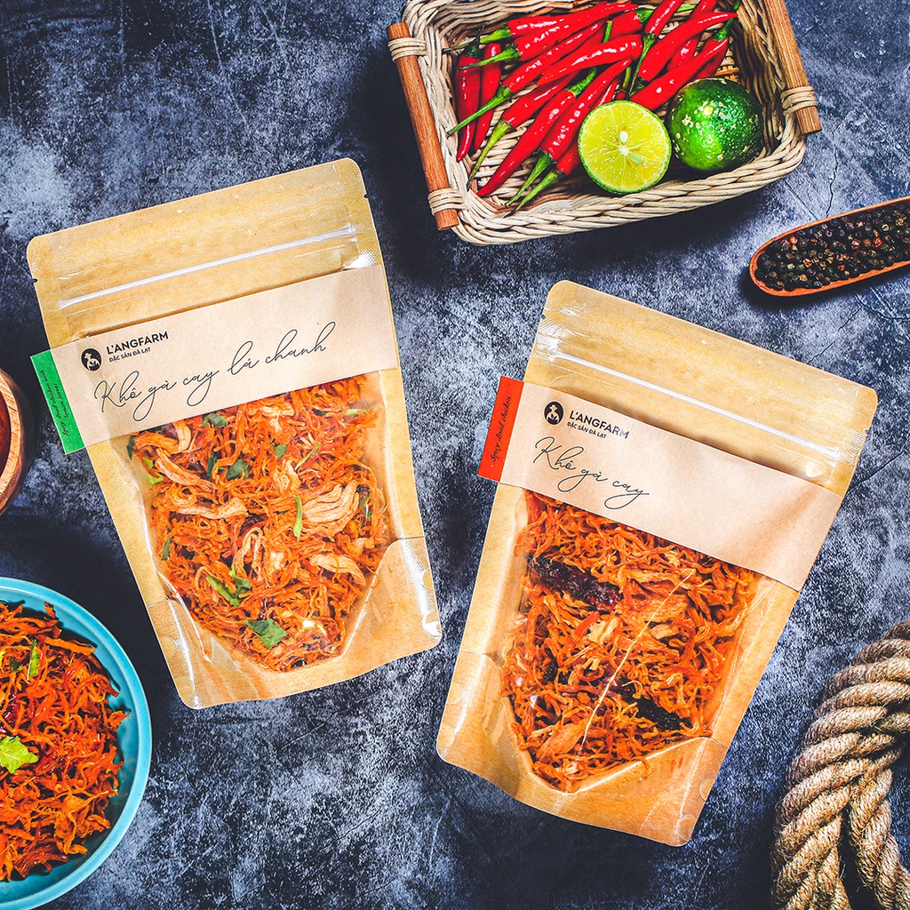 Khô gà cay lá chanh L'angfarm, 125g, bịch, mẫu kraft 1 mặt trong
