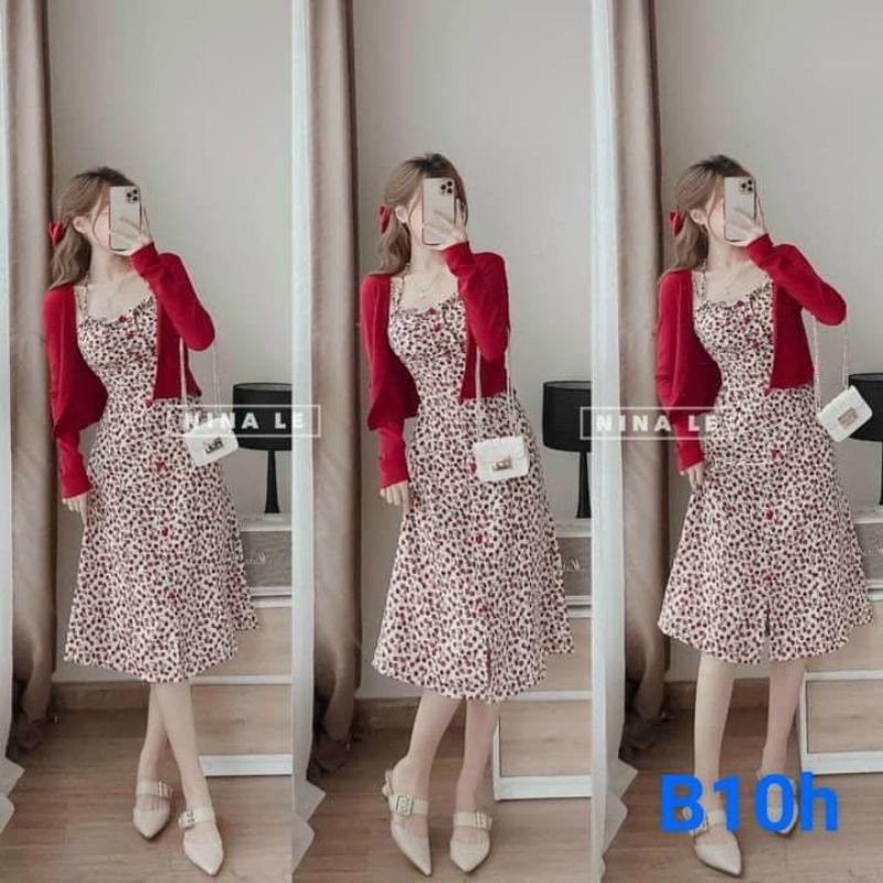 SALE TÉT-Set đầm 2 dây hoa nhí kèm áo khoác đỏ-hàng thiết kế
